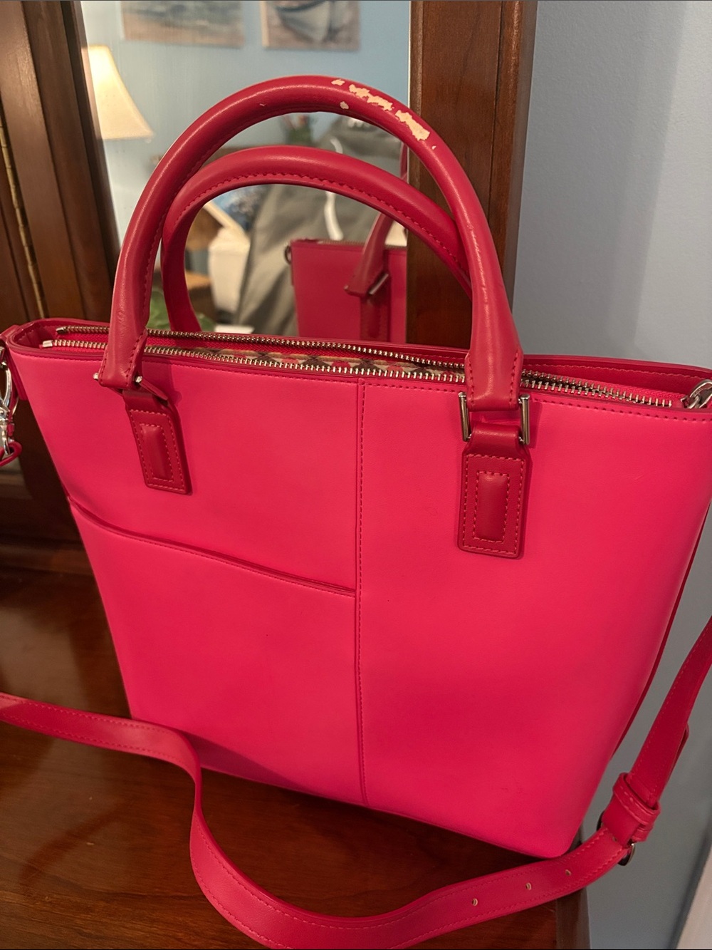Vera Bradley Hot Pink Leather Tote Handbag - Women's Shoulder Bag - Picture 5 of 5
